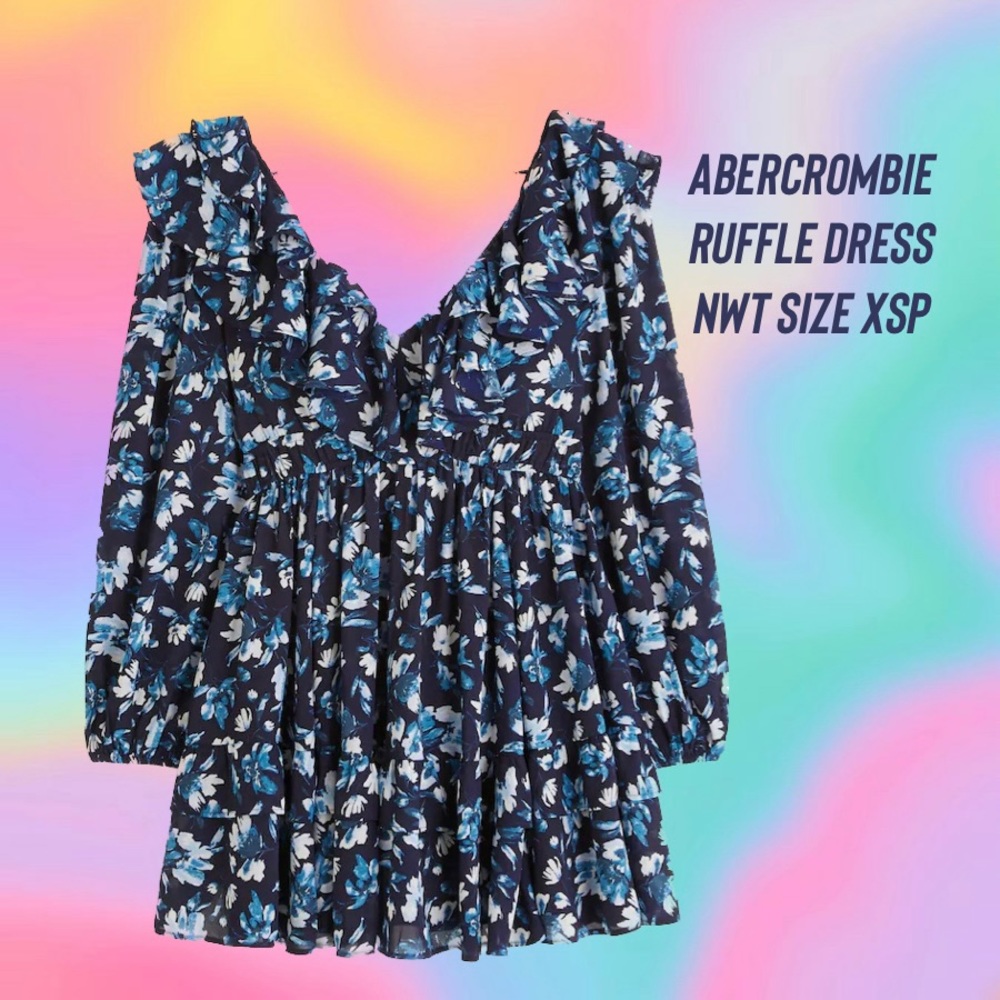 NWT Abercrombie long sleeve navy floral ruffle dress